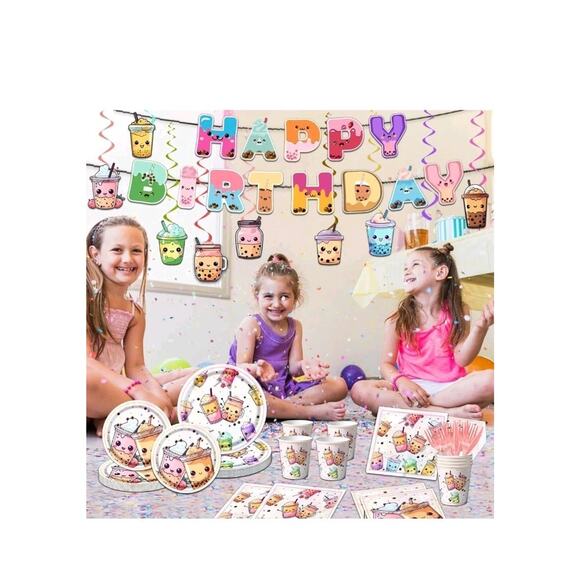Boba Tea Party Decorations,Bubble Tea Birthday Tableware Set Include Plates Cups - Picture 2 of 8